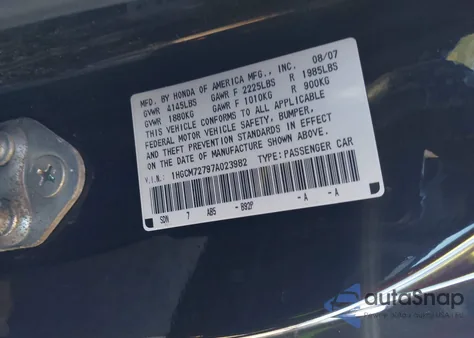 2007 Honda Accord 2.4 Ex from USA, damaged, VIN 1HGCM72797A023982